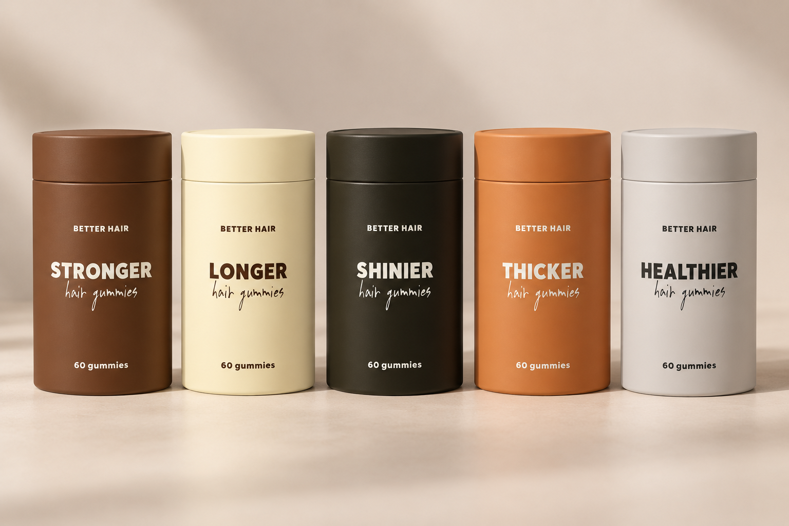 Better Hair gummies range of five coloured tubs
