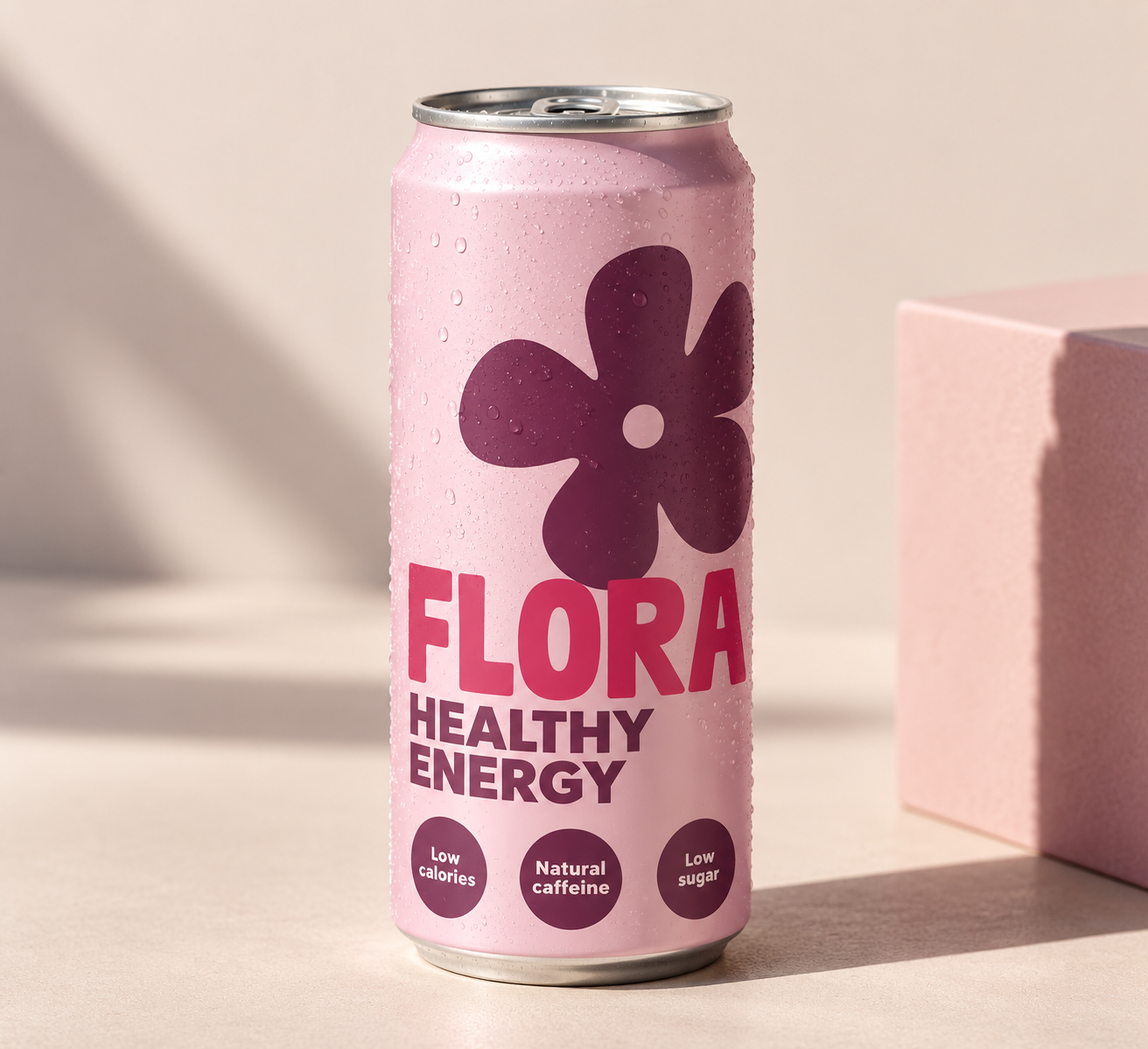 Flora energy drink can with a large pink flower